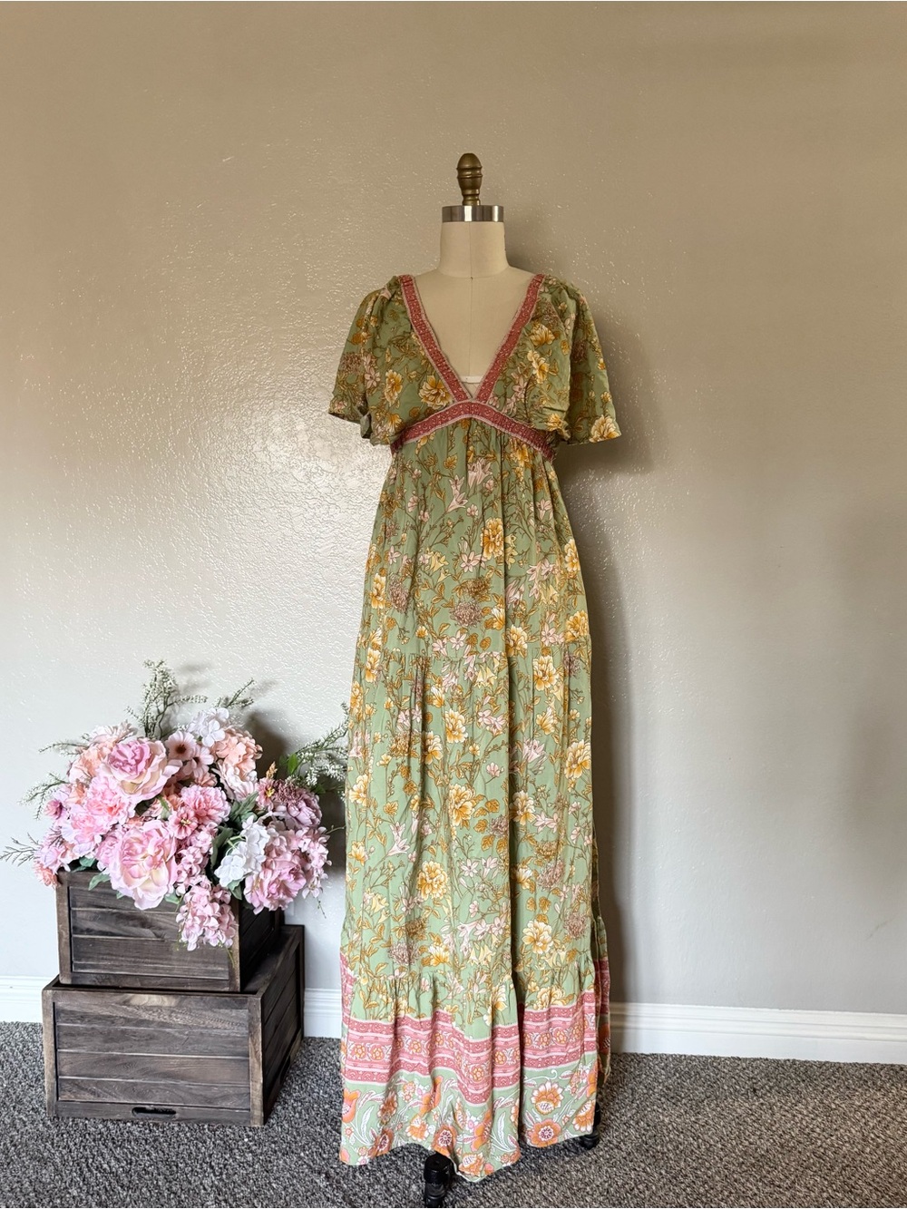 Bohemian Floral Maxi Dress - Green